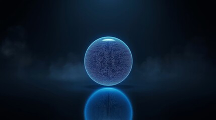 Glowing blue sphere with reflection on dark background creates a futuristic look