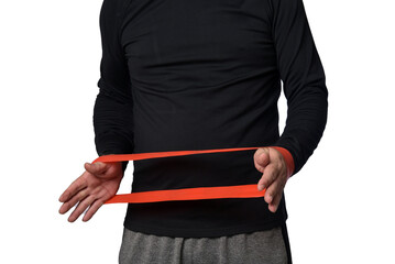 Elastic knee brace for physical training, crossfit, physiotherapy, body health, exercise, pilates, yoga and bodybuilding isolated on white background.