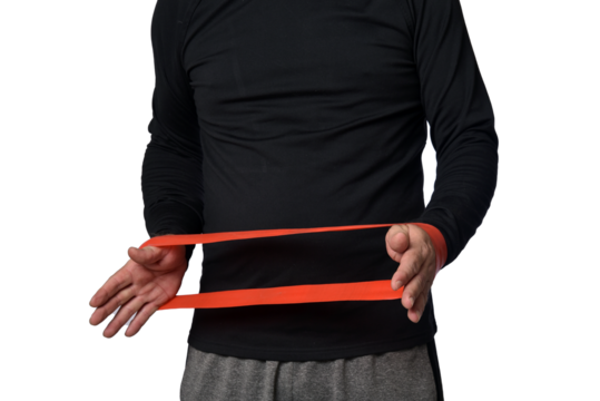 Elastic knee brace for physical training, crossfit, physiotherapy, body health, exercise, pilates, yoga and bodybuilding isolated on white background.