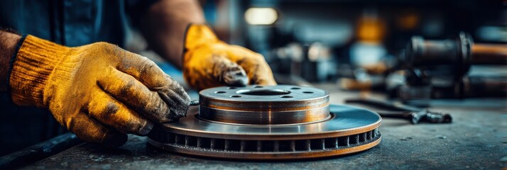 Close-up View of Brake Disc Inspection by Mechanic in Workshop Showing Detailed Hands and Tools at Work