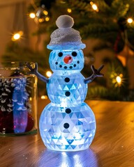 A delightful decorative snowman made of translucent materials, glowing gently against a cozy indoor backdrop, encapsulating the warmth and charm of the winter season.