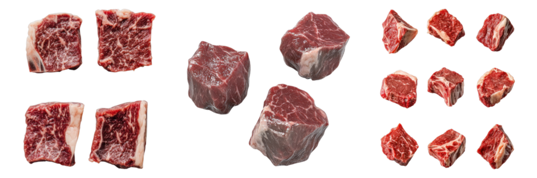 Raw beef cubes are arranged in a pattern, emphasizing freshness and quality. The red meat has a marbleized texture