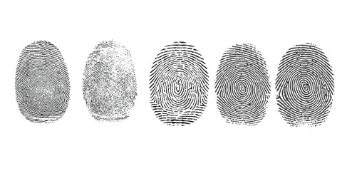 Multiple diverse human fingerprints set on a clean white background isolated on white background