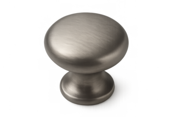 Brushed nickel round cabinet knob on transparent background