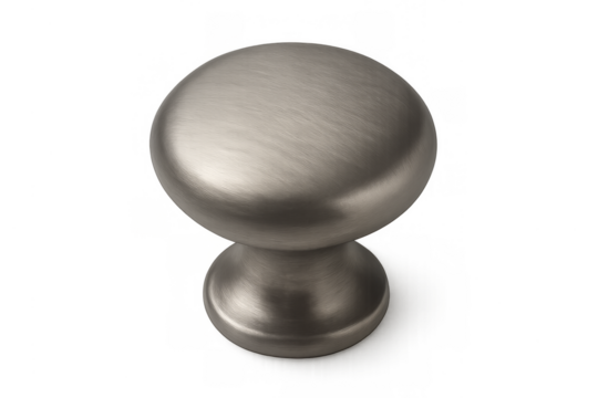 Brushed nickel round cabinet knob on transparent background