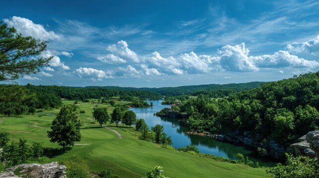 Breathtaking Summer Landscape at Top of the Rock in Branson, Missouri: Expansive Green Grass, Towering Trees, and a Clear Blue Sky