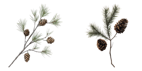 Two branches of pine needles with pine cones displayed on the image