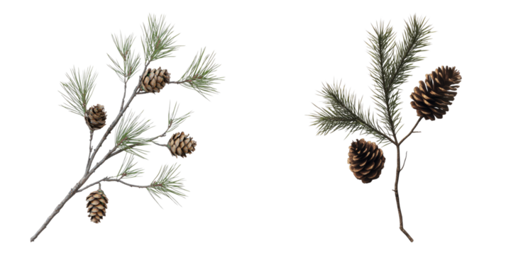 Two branches of pine needles with pine cones displayed on the image