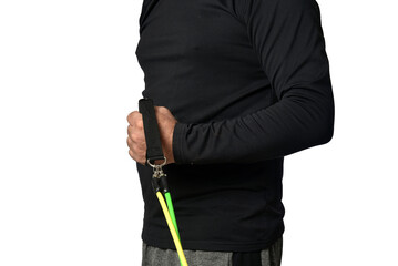 Elastic knee brace for physical training, crossfit, physiotherapy, body health, exercise, pilates, yoga and bodybuilding isolated on white background.