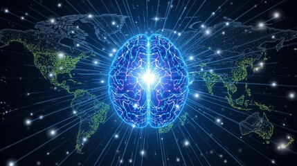 Artificial intelligence brain with world map background and global network