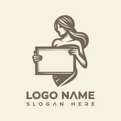 Elegant Woman Holding Blank Sign Logo Vector Illustration