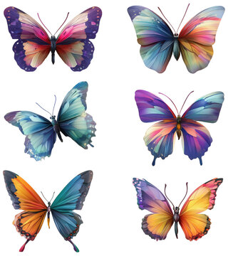 Collection of six beautiful watercolor butterflies isolated on white.