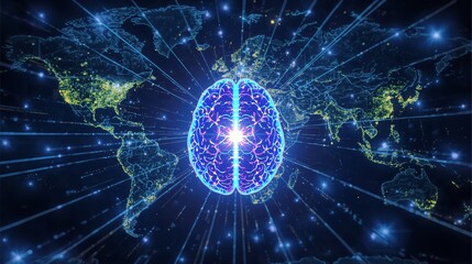 Global artificial intelligence concept with brain and world map on dark background