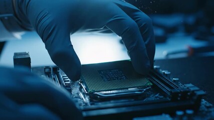 Technician Carefully Installing CPU Processor on Computer Motherboard.
