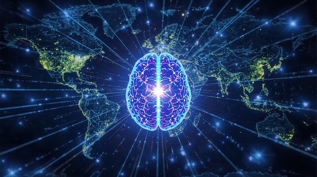 Global artificial intelligence concept with brain and world map on dark background