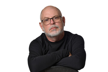 portrait adult man bald white beard face expression happy thoughtful male model gentleman in black clothes image.