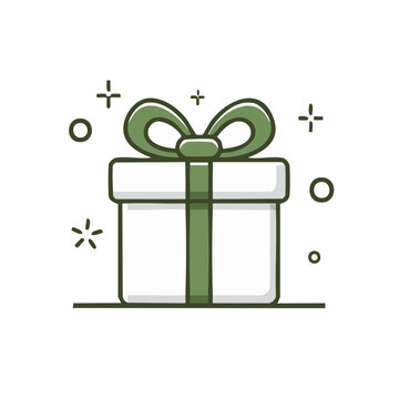 Simple Gift Box Icon with Green Ribbon and Decorative Sparkles