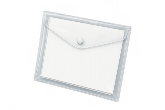 Transparent plastic document folder holding white paper
