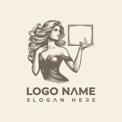 Elegant woman holding blank sign logo vector illustration