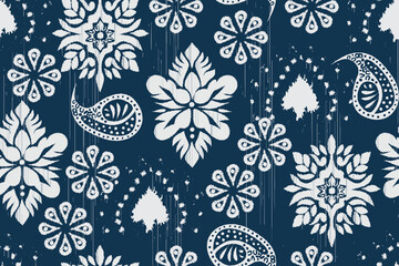 Damask seamless pattern, Ikat floral seamless pattern background, vector illustration, Ikat ethnic oriental embroidery, Aztec style, baroque. Design for texture, fabric, clothing, decoration, fashion