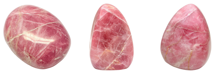 Three pink stones with a smooth surface, each showcasing unique patterns and subtle color variations. These stones are a beautiful display of natural textures