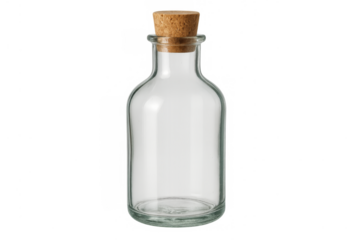 Empty clear glass bottle with cork stopper