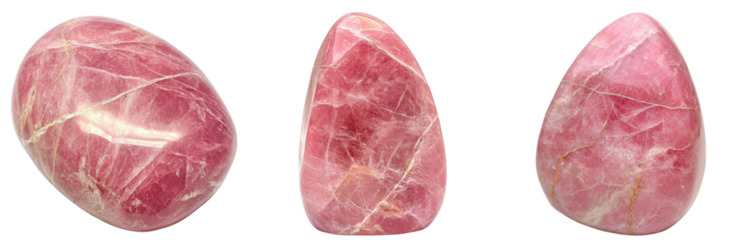 Three pink stones with a smooth surface, each showcasing unique patterns and subtle color variations. These stones are a beautiful display of natural textures