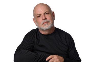 portrait adult man bald white beard face expression happy thoughtful male model gentleman in black clothes image.
