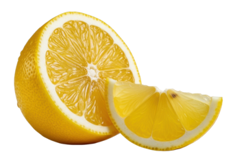 Vibrant yellow lemon, dramatically sliced, showing glistening dewy pulp and pearlescent membranes, with a thin slice, against a clean transparent background, macro still life concept of natural