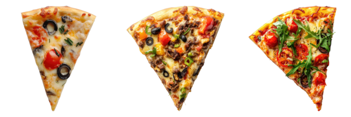 Three pizza slices are artfully displayed, each bursting with vibrant toppings