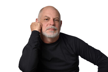 portrait adult man bald white beard face expression happy thoughtful male model gentleman in black clothes image.
