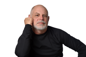 portrait adult man bald white beard face expression happy thoughtful male model gentleman in black clothes image.