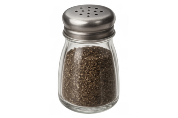 Glass pepper shaker filled with ground pepper