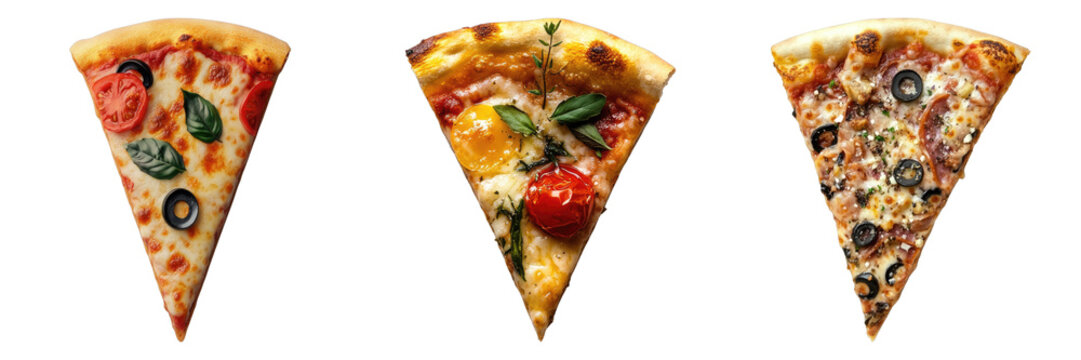 Three appetizing pizza slices with assorted toppings, ready for a delicious meal - Powered by Adobe