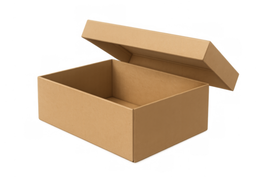 Empty cardboard shoebox with open lid on transparent background