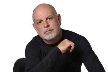 portrait adult man bald white beard face expression happy thoughtful male model gentleman in black clothes image.