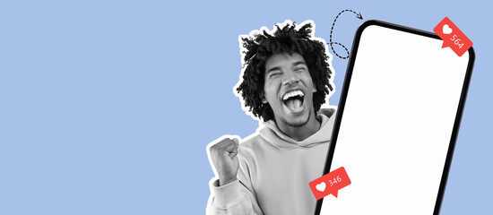 A joyful person with curly hair celebrates success as they interact with a smartphone displaying engagement stats. Colorful graphics enhance the lively atmosphere, showcasing excitement.