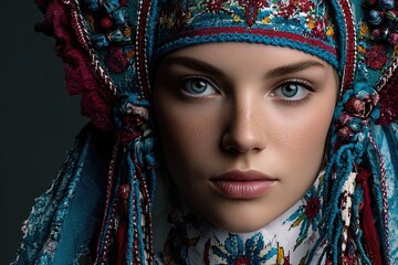 Woman in ornate traditional headdress, studio portrait