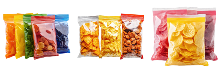 A close-up shot of colorful packaged snacks on display