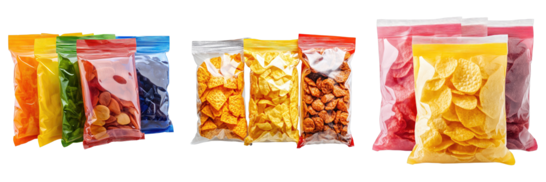 A close-up shot of colorful packaged snacks on display