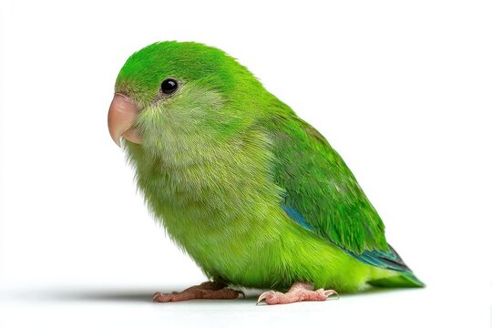 Charming Pacific Parrotlet in Studio Setting. Vibrant Green and Blue Feathers, Male Bird Isolated on White Background