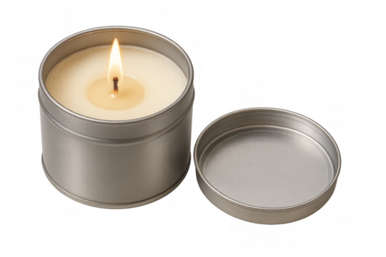 Aromatic candle burning in a metal tin
