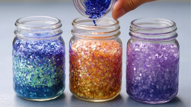 Companion therapy program concept. Colorful jars filled with shimmering beads, one being poured, showcasing vibrant textures.