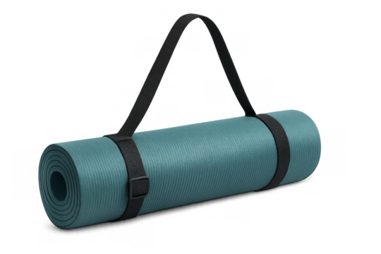 Teal rolled yoga mat with carry strap