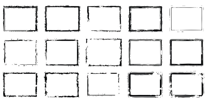 Set of diverse hand-drawn ink grunge textured rectangular border frames