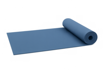 Blue yoga mat unrolling for fitness exercise