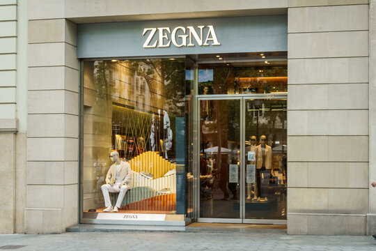 Barcelona, Spain-April 29, 2023.Zegna, Italian luxury fashion house. Founded by Ermenegildo Zegna in 1910 in Trivero, Piedmont, Italy. Logo on the front door