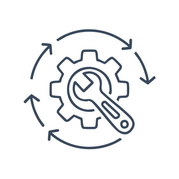 Mechanical gear with wrench and circular arrows indicating process or maintenance