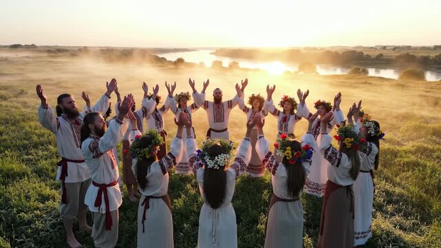 Singing voices harmonize in a serene meadow at sunrise with a river view and mist rising above the ground