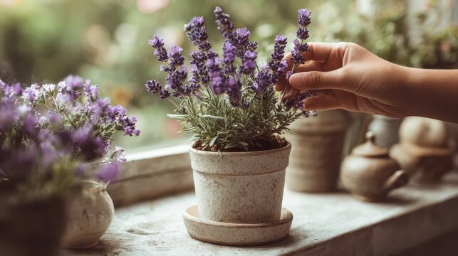 Companion therapy program concept. A hand tends to a lavender plant in a rustic pot near a sunny window.